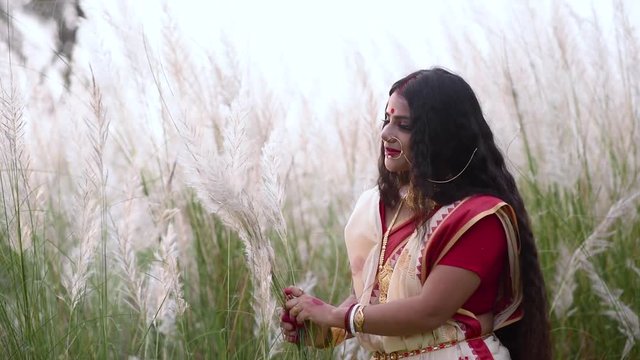 A happy and beautiful married Indian bengali woman wearing saree plays with the long white grass kaash phool in a field at sunset or sunrise, Slow motion, Saccharum Spontaneum