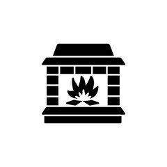 Black & white vector illustration of wood burning fireplace. Flat icon of stone stove. Isolated on white background.