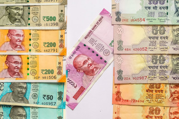 10, 20, 50, 100, 200, 500 and 2000 Indian rupees, old and new notes.