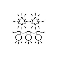Black & white vector illustration of christmas garlands from stars & lamps. Line icon of holiday lightings. Decorative festive illumination for home & office. Isolated on white background.