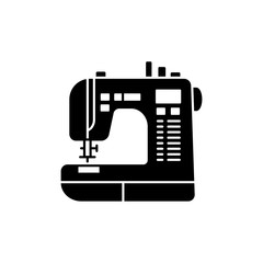 Black & white vector illustration of sewing machine. Flat icon of modern computerized tool for patchwork & sewing. Isolated on white background.