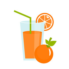 Orange juice in a glass. Fresh juice icon. Flat design. Vector illustration