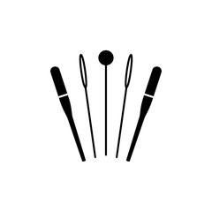 Black & white vector illustration of needles & pins. Flat icon of quilting instrument. Patchwork & sewing tools. Needlework accessories. Isolated on white background.