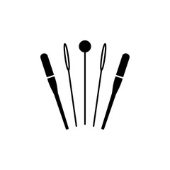 Black & white vector illustration of needles & pins. Flat icon of quilting instrument. Patchwork & sewing tools. Needlework accessories. Isolated on white background.