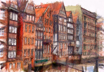 Hamburg district of Daichstrasse Digitally processed pencil illustration - obrazy, fototapety, plakaty