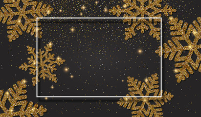 Christmas, New Year, winter background with beautiful golden snowflakes.
