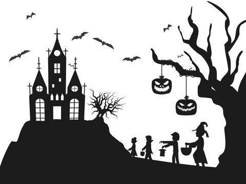 Halloween castle silhouette costume cids bat tree