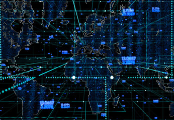 Abstract mash line and point scales on dark background with Map World. Wire Frame network line, design sphere, dot and structure