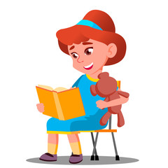 Little Beautiful Girl Reading A Book With A Soft Toy Vector. Education Concept. Isolated Illustration