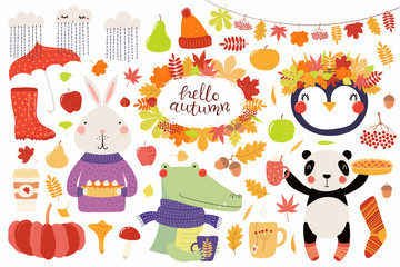 Big autumn set with cute animals panda, penguin, bunny, crocodile, leaves. Isolated objects on white background. Hand drawn vector illustration. Scandinavian style flat design. Concept for kids print.