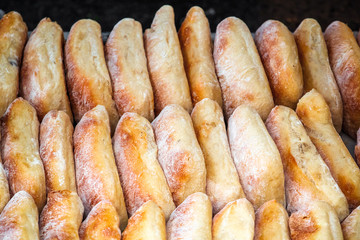 Rows of ciabattas on display at Broadway Market in Hackney, East London