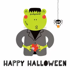 Poster Hand drawn vector illustration of a cute funny frog in a Frankenstein monster costume, with text Happy Halloween. Isolated objects on white. Scandinavian style flat design. Concept for children print. © Maria Skrigan