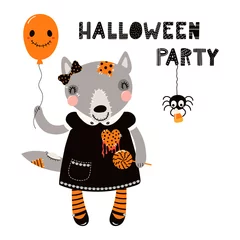  Hand drawn vector illustration of a cute funny wolf in a creepy doll costume, with text Halloween party. Isolated objects on white. Scandinavian style flat design. Concept for children print. © Maria Skrigan