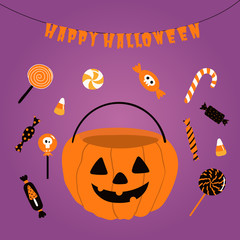 Hand drawn vector illustration of a funny pumpkin candy bag, with text Happy Halloween. Isolated objects. Scandinavian style flat design. Concept for children print, party invitation.