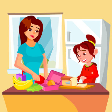 Little Girl Helping Mother In The Kitchen Vector. Lunch Box. Isolated Illustration