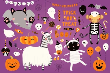 Peel and stick wall murals Illustrations Big Halloween set with cute animals cat, zebra, monkey, elephant in costumes, ghosts, pumpkin, candy. Isolated objects. Hand drawn vector illustration. Scandinavian style flat design. Concept party.
