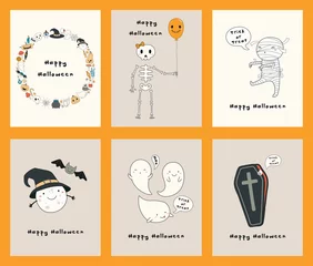  Set of Halloween greeting cards with kawaii funny characters, text, mummy, skeleton, pumpkins, ghosts. Hand drawn vector illustration. Line drawing. Design concept for kids print, party invitation. © Maria Skrigan