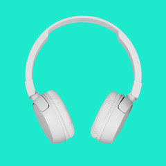 Earphones isolated on modern green background. white earbuds. Concept vocal trance, extreme sound