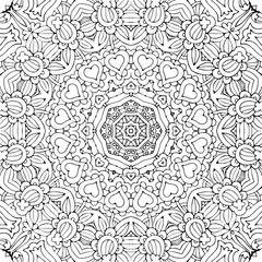 Abstract vector decorative ethnic hand drawn sketchy contour seamless pattern. Adult coloring page with hearts.