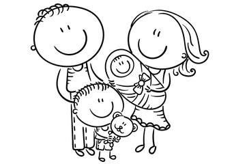 Happy family with two children, cartoon graphics, outline