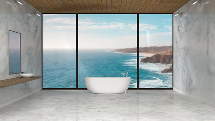 Fototapeta na wymiar Luxury minimal marble modern bathroom with sea view