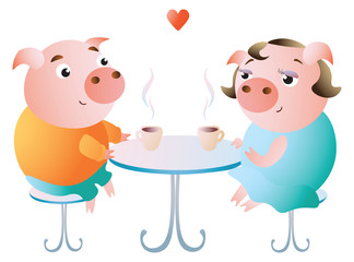 Date in a cafe. A couple of pigs drinking coffee and tea at the table. Vector illustration. Isolated on transparent background. Excellent for the design of postcards, posters, stickers etc.