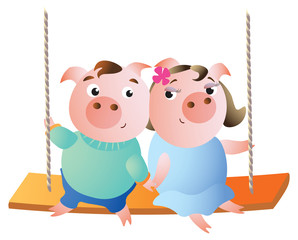 A pair of pigs in love on a swing. Vector illustration. Isolated on transparent background. Excellent for the design of postcards, posters, stickers etc.