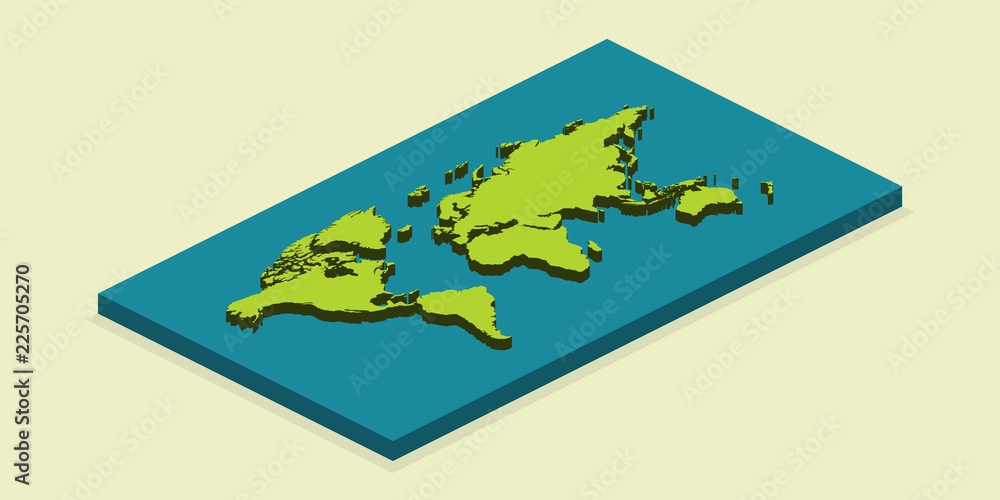 Poster 3d earth map in isometric design with shadow on light background