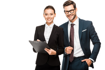 happy young business partners with clipboard looking at camera isolated on white