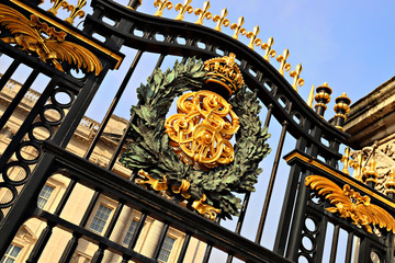 Low angle vew of iron gate against sky at Buckingham Palace, Shallow focus
