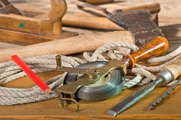 Old used tools in the joiner's shop