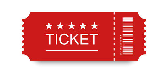 Red ticket vector icon with shadow on blank background - obrazy, fototapety, plakaty