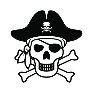 Symbol Jolly Roger. Icon pirate skull isolated on white background. Sign skull with bandana, pirate hat and bones. Monochrome vector illustration