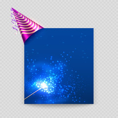 Greeting card vector template with blank paper sheet, party hat and magic wand illustraion