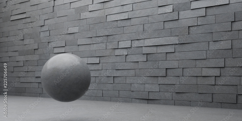 Leinwandbilder Abstract of concrete sphere floating around the architecture space with the sun light cast shadow on the random rhythm of tilt  block,3D rendering.