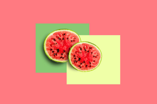 Watermelon round cut, top view close-up, isolated on colored background, minimalism concept,
