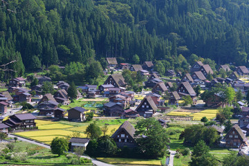 秋の白川村の全景