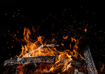 Burning wooden logs in fire, campfire on black