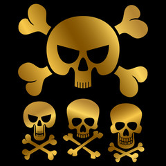 Gold piracy skulls icons of collection isolated on black background. Vector illustration