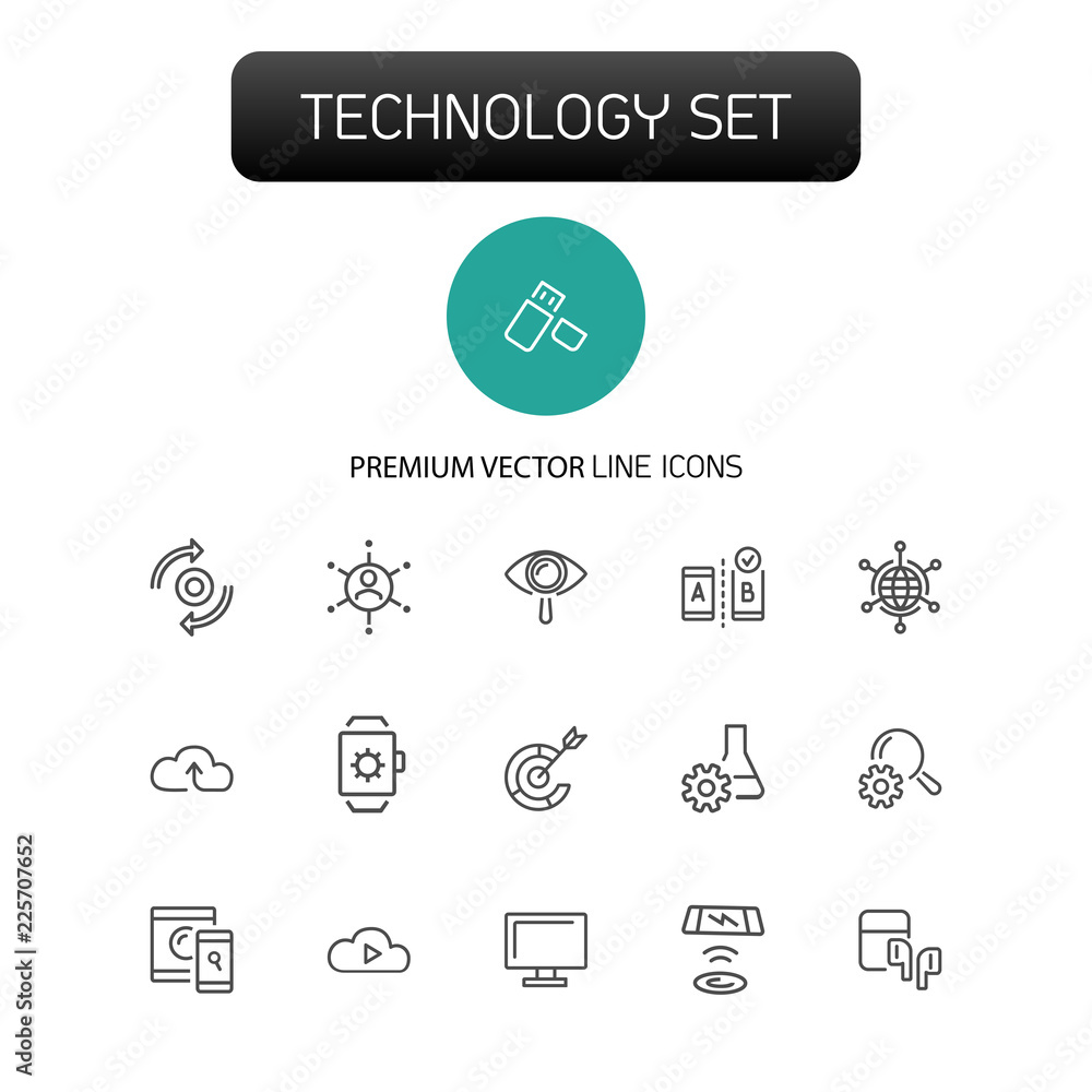 Poster technology icons. set of line icons. smartwatch, wireless game controller, cloud storage. modern tec