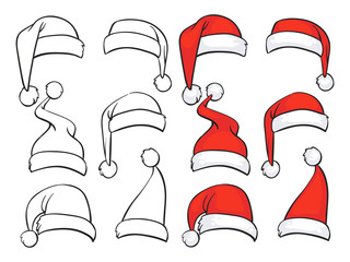 Santa red hats with white fur and ink sketch set. Isolated Christmas holiday vector decoration illustration