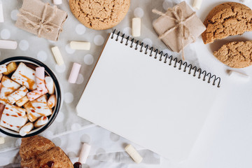 Winter Flat Lay . Hot chocolate or cocoa with marshmallow , cookies, notebook with  on white background.
