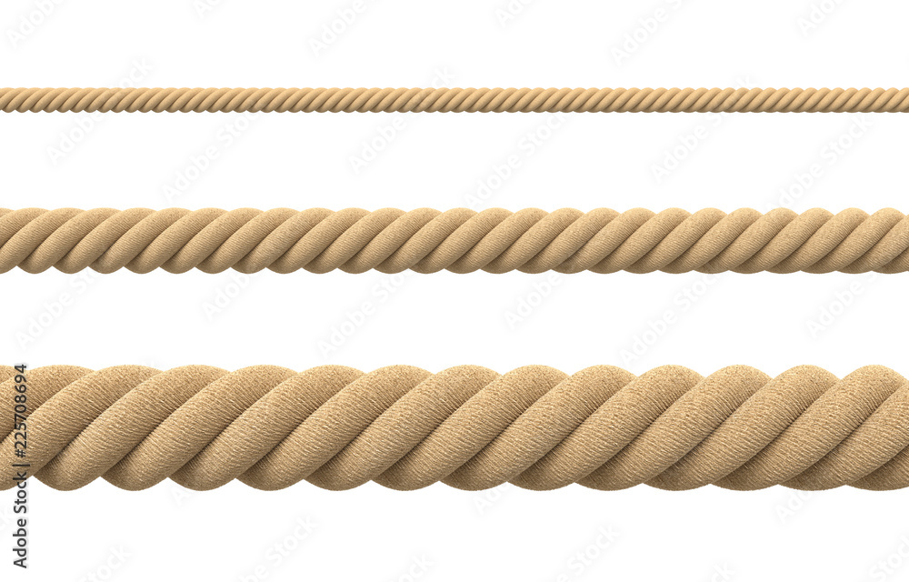 Fototapete 3d rendering of tree strings of rope of different thickness in straight lines isolated on a white ba