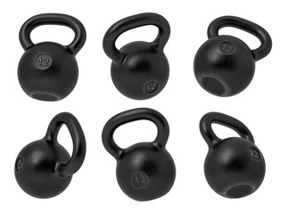3d rendering of 12 kg several black iron kettlebells hanging at different angles on a white...