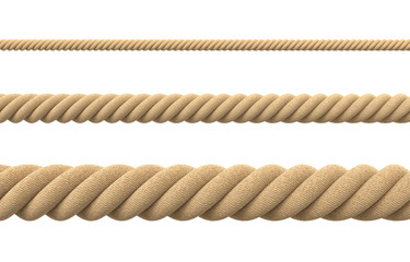 3d rendering of tree strings of rope of different thickness in straight lines isolated on a white...