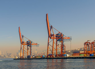 Fototapeta na wymiar Day shot of the cranes in the shipyard of the Port of Haydarpasha, Istanbul, Turkey with city view in the background