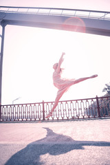 Against the sun. Attractive graceful woman feeling absolutely free while jumping against the sun © Viacheslav Yakobchuk