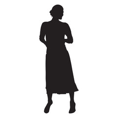 Woman standing. Long skirt, hands in pockets. Isolated vector silhouette