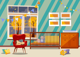 Bright Newborn kid nursery room interior, bedroom furniture. Flat Childrens room with toys, armchair, easy chair with sleeping cat and dog, garland of flags, boy in bed, window with fall landscape