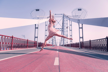 High professionalism. Nice skilled ballerina doing splits in the air while dancing on the bridge © Viacheslav Yakobchuk